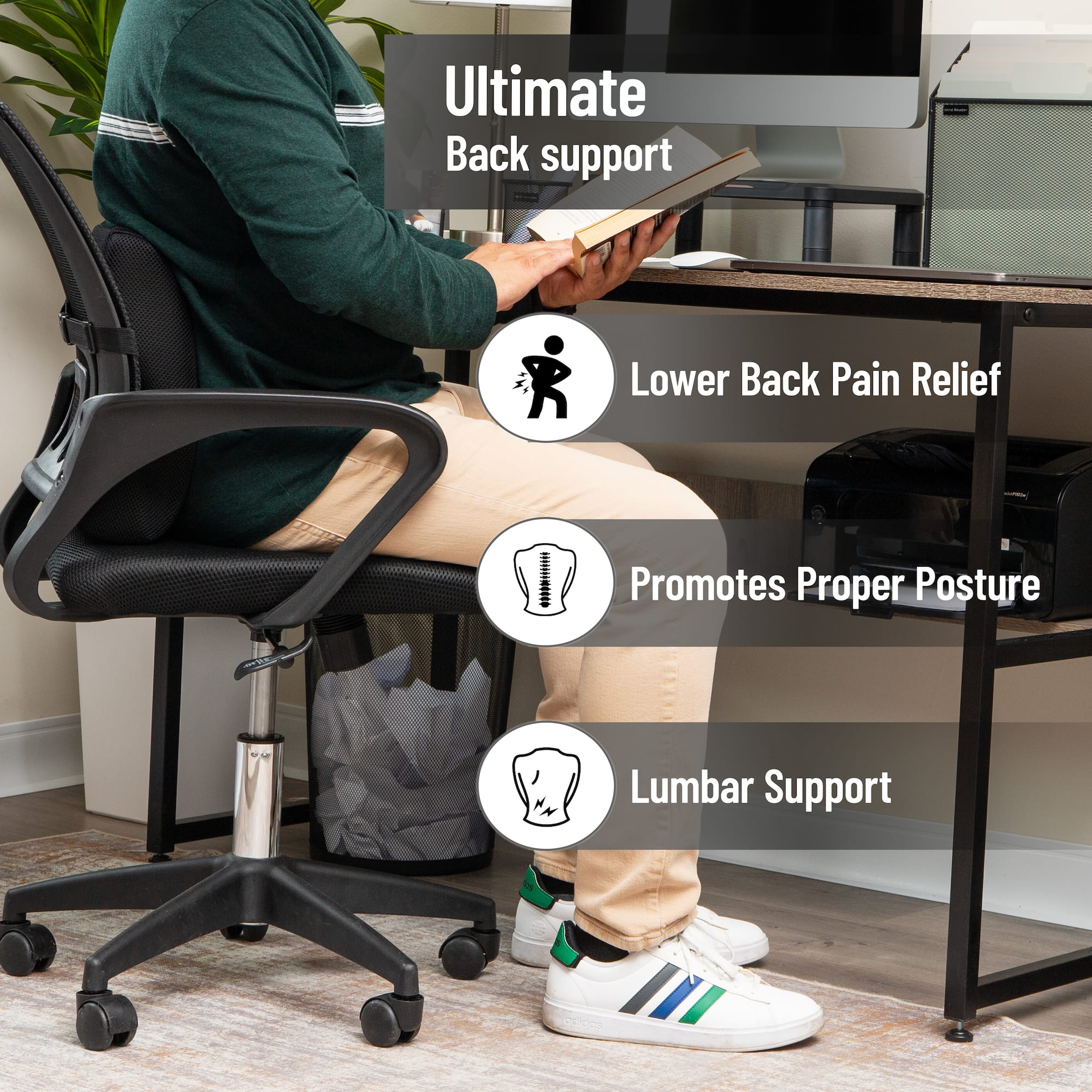 Mind Reader 13.25" Black Lumbar Support Memory Foam Pillow with Air-Cloud Technology